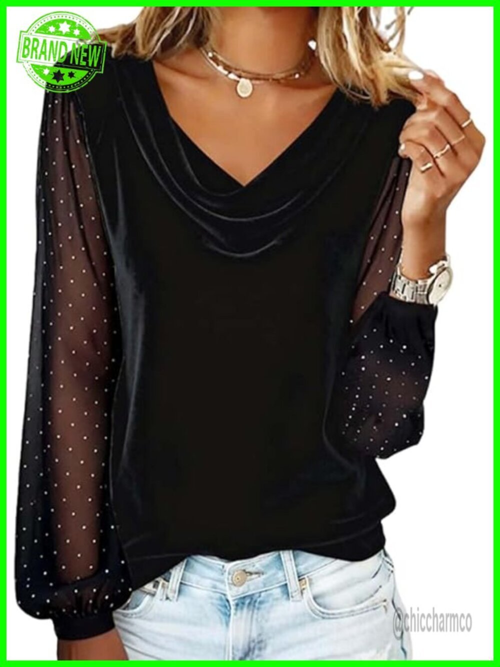 Velvet Long Sleeve Lace Mesh V Neck Blouse Rhinestone Cowl Neck Sheer Elegant
